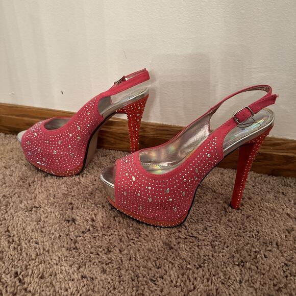 NEW Sparkly SATIN HOT PINK RHINESTONES Open Toe Platform Stiletto Heels Shoes 8 - Picture 5 of 7
